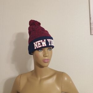 Red and Blue New York Pom Beanie